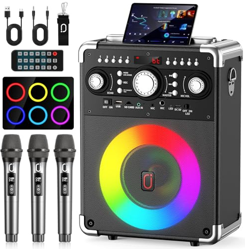 HWWR Karaoke Machine with 3 Microphones for Adult, Bluetooth 5.3 Speaker with Echo, DJ light, Remote PA System Support REC, TWS, USB, SD Card, TV, Guitar, for Home/Outdoor Party Night, Garden BBQ