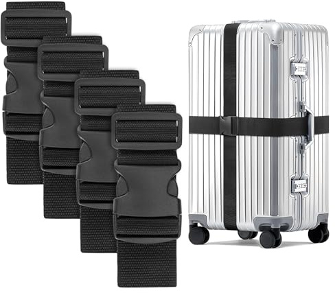 WISYOK Koffergurt, 4 Stück, 130-250cm, Schwarz, Kofferband Gurt Auffällig | Erweiterte Koffergurte, Sicher Kofferbänder, Robuster Koffer Gurtband, Luggage Strap für Reisen, Flugreise, Urlaub, Gepäck