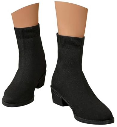 Hohe Stiefeletten Damen Mit Absatz Sexy Ankle Boots Mit Blockabsatz Strick Schlupfstiefeletten Einfarbig Elegante Damenstiefel Spitzzehe Pumps Stretch Kurzschaft Stiefel Boots