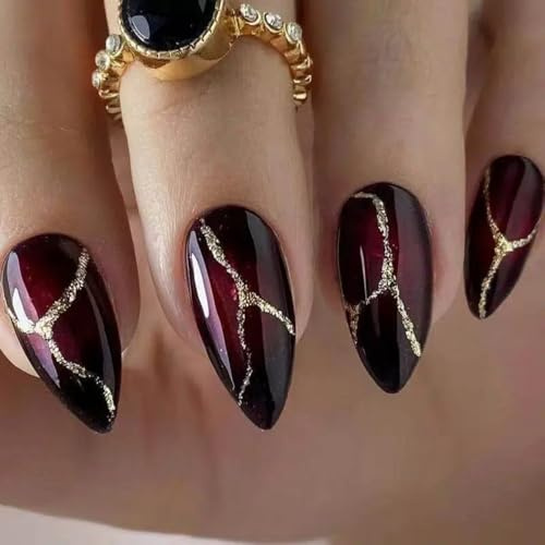 Ztcily 24 unghie finte adesive a mezza lunghezza Glamour, stile dolce e fresco, design francese mandorla rossa nera con paillettes dorate, manicure facile da applicare per feste, serate, alla moda