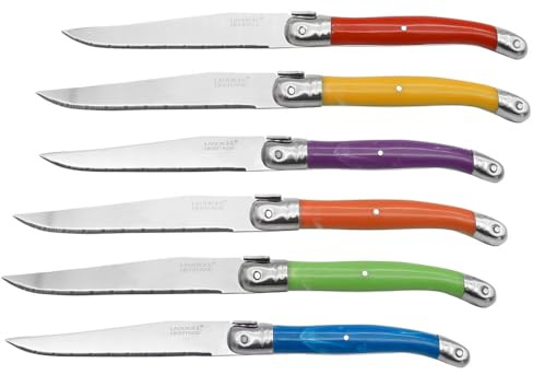 Laguiole Heritage – Coffret de 6 Couteaux à Steak Tradition Couleurs – Lames en Acier Inoxydable – Manches Ergonomiques Multicolores – Idéal pour Viandes et Grillades – Présentation en Coffret Cadeau