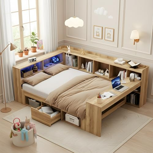 NuvlaGu Doppelbett 140x200cm aus massivem Holz, Stauraumbett mit Schubladen & 2 Nachttischen, mit USB und Type-C-Ladestation, LED-Beleuchtung, Naturfarbe