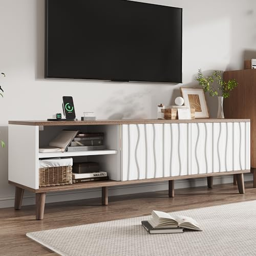 Bladez Mobile TV moderno con illuminazione a LED, mobile basso per TV con ante scorrevoli e vano portaoggetti, mobile TV per TV da 70 pollici, console TV multimediale per soggiorno e camera da letto