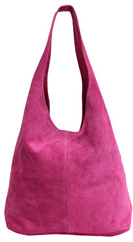 AMBRA Moda Sac à main en daim italien pour femme, sac à porté épaule en cuir véritable WL818 (fuchsia)