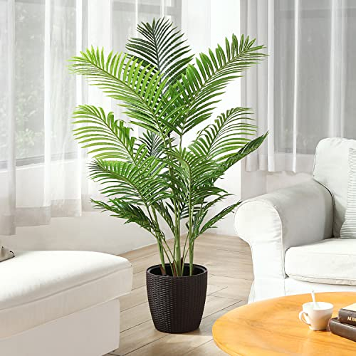 Fopamtri Künstliche Areca Palme 140 cm Fake Palm Tree 15 Stämme Faux Tree für Indoor Outdoor Modern Decor Feaux Dypsis Lutescens Pflanzen im Topf für Home Office (1 Stück)