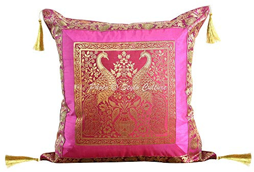 Stylo Culture Bohemio Fundas Almohadones Decorativa 45x45 cm Brocado De Seda Pavo Real Fundas para Cojines Cama Rosa Magenta Borlas De Jacquard Cuadrado Cremallera Fundas De Cojines De Sofa - 1 Pc
