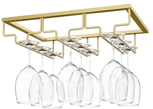 Nuovoware Wine Glass Rack - Under Cabinet Stemware Wine Glass Hanger Rack Holder for Bar Kitchen Cabinet, 3 Rows - Gold