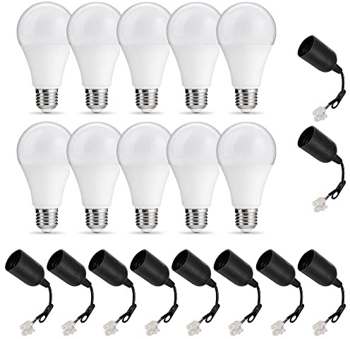PerfectHD 10x Baufassung Set | E27 | LED Birne 15W | 1250 Lumen 4000K | Renovierfassung Lampenfassung Baustellenfassung | 11 cm Anschlussleitung | inkl. Aufhänger | 5 Stück
