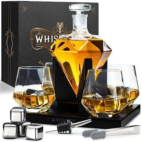 WHISISKEY Decanter per Whisky - Set Whisky Regalo - Idee Regalo Uomo Compleanno - Diamantata Decanter 1000ML, Scatola Regalo, 4 Bicchieri da Whisky x 300ML, 4 Pietre di Whisky, Accessori