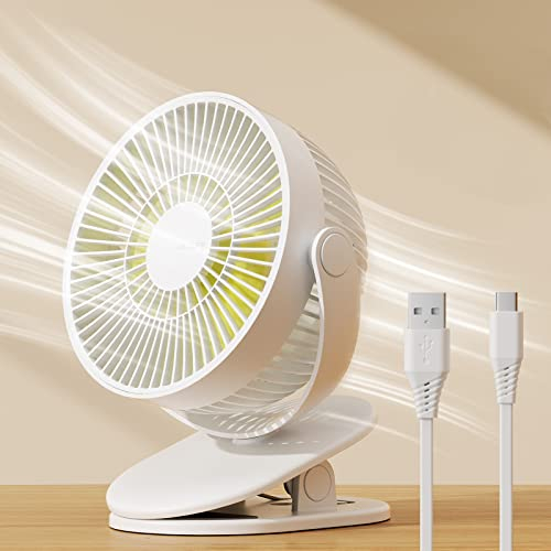JISULIFE Portable Mini USB Clip Fan, Small Table Clamp, 4 Speeds, 4000 mAh Rechargeable Battery Fan for Desk/Office/Stroller/Travel – Milk White