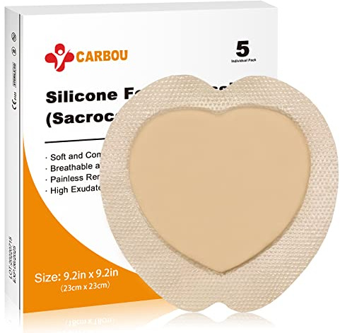 Carbou Apósito de espuma sacra de silicona, 23 cm x 23 cm, apósito de espuma sacra adhesivo con bordes, vendajes suaves para úlceras de cama, productos para el cuidado de heridas, caja de 5 apósitos