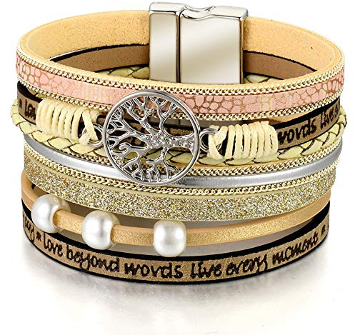 Flongo Damen Wickelarmband Multilayer Armband Boho Lederarmband mit Perlen Lebensbaum Magnetverschluss für Frauen Mädchen