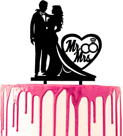 CARISPIBET Decoración para Tarta de Boda, Novios y Novias, Anillos Decorativos con Corazón Mr & Mrs