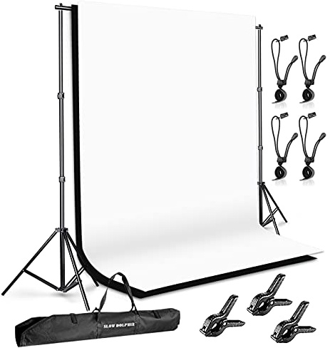 SLOW DOLPHIN Photo Background Support System with Backdrop Stand Kit, 100% Pure Muslin 6.5 Ft x 10 Ft (White/Black) Backdrop,Clamp, Carry Bag for Photography Video Studio
