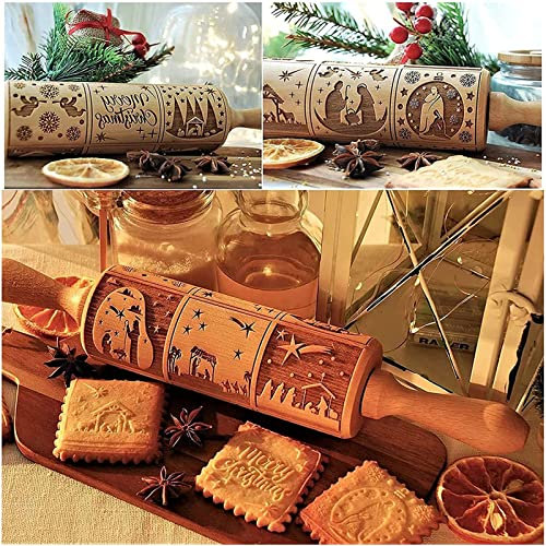 Syfinee Rouleau à pâtisserie en bois avec motif de crèche de Noël, rouleau à pâtisserie en relief pour pâtisserie et biscuits en relief