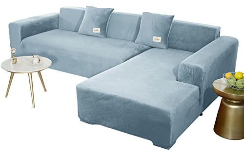 JHLD Stretch Samt Sofabezug L Form-Hellblau-2 Sitzer+2 Sitzer