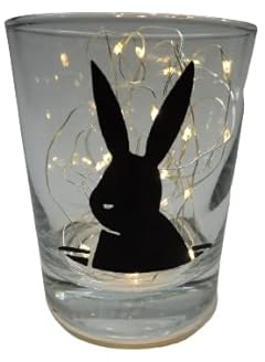 Lichtidee Teelicht Glas Windlicht Tischlicht Print mit Hase im Loch schwarz Handmade Unikat Ostern Muttertaggeschenk, Höhe 8cm,