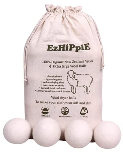 Ezhippie Quality Wool Dryer Balls - 4 XL Pack - 1000+ Loads - Pure Organic Wool - Reusable Natural Fabric Softener Perfect with Essential Oils, Reduce Clothing Static and Wrinkles