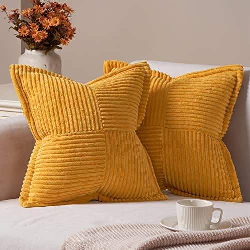 Topfinel Kissenbezug 45x45 2er Set gelb Kordsamt Weihnachtskissen Kissenbezüge Kissenhülle Dekorative Sofakissen Couchkissen Dekokissen Zierkissen Deko für Wohnzimmer Sofa