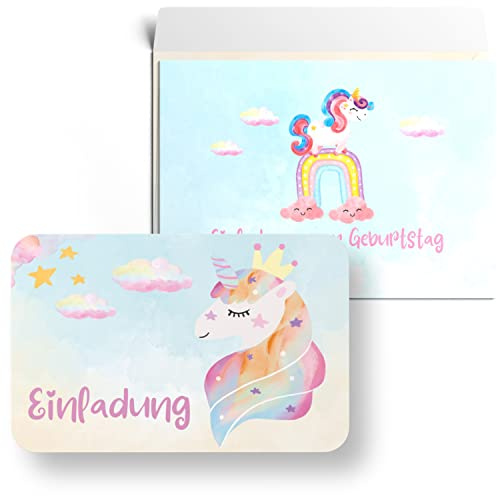 MAVANTO 15x Einladungskarten Kindergeburtstag Einhorn mit Umschlägen - Süße Geburtstagseinladungen für Mädchen & Jungen