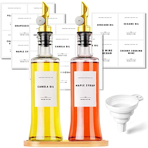 GIXSEGIE Olive Oil Dispenser Bottles for Kitchen with Bamboo Tray, Oil and Vinegar Dispenser Set, Coffee Syrup Dispensers, Glass Dispensers for Kitchen, Dispenser Bottle of 300ml - Set of 2 Gold