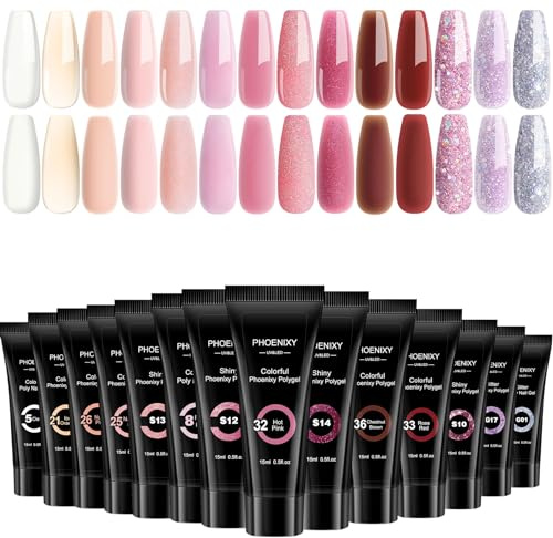 Phoenixy Kit Gel de Extensión de Uñas 14 Colores 15ML Poly Nail Extensión Gel Rosa Marrón Plata Destello Kit Uñas de Gel Kit de Manicura para Principiantes