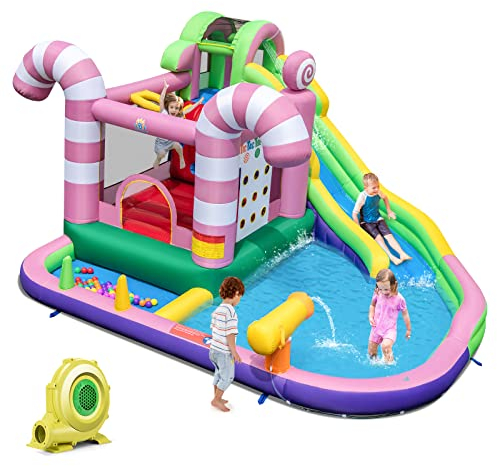 COSTWAY Hüpfburg mit Gebläse, 9-in-1-Wasserpark im Süßigkeiten-Thema mit Langer Rutsche, Planschbecken, Wasserpistole & Tic-Tac-Toe-Spiel, für bis zu 2 Kinder, 425 x 375 x 225 cm