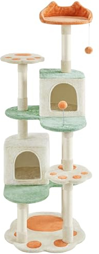Yaheetech 165 cm Cat Tree Tower for Indoor Cats with Cat Paw Perches, Beige | Cat Climbing Frame, Cozy Condos, Heart-Shaped Platform, Spring Ball & Hanging Ball