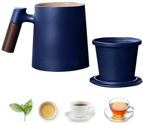 Qivine Taza de Te con Filtro y Tapa, Ceramica Taza Infusiones con Tapa y Filtro, 400ml Tetera Infusiones Tazas de Te para Oficina Aniversario Regalar Infusion (Azul)