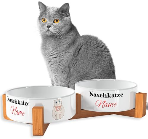 OWLBOOK Naschkatze Beige Futternapf personalisiert Katzennapf mit Wunschtext Fressnapf Katzennapf Keramik mit Bambus Gestell Futterstation Keramik Futternapf Napf Wassernapf für Katze