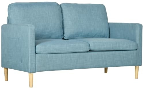 HOMCOM 2-Sitzer Sofa Moderner Sessel gepolstert in Polyester mit 2 Seitentaschen Armlehnen und Holzbeinen für Schlafzimmer Büro Belastung 200 kg 143x76x83 cm Hellblau