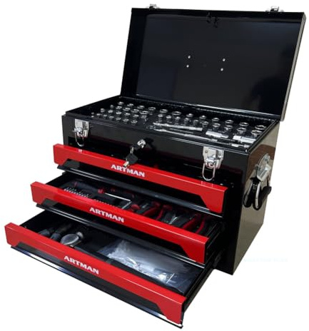 Tool Box With 3 Drawers Tool Set Locking Portable Tool Chest For Garage Workshop Metal Toolbox Steel Tool Box black+red