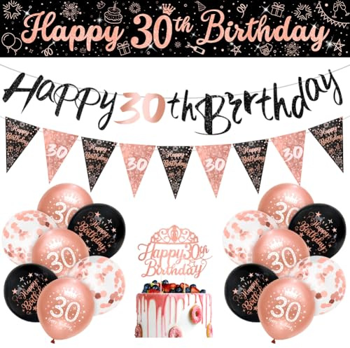 Womens 30th Birthday Decorations Black Rose Gold 30th Birthday Party Decorations Banner Bunting Kit for Women 16 Pack by Sheinly