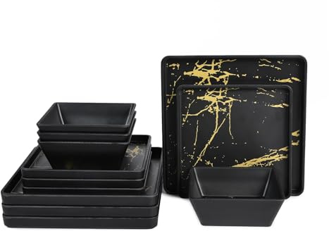 Yummost Melamin-Geschirr-Sets – 12-teiliges quadratisches Teller- und Schüssel-Set für 4 Personen, für drinnen und draußen, spülmaschinenfest, Schwarz und Gold
