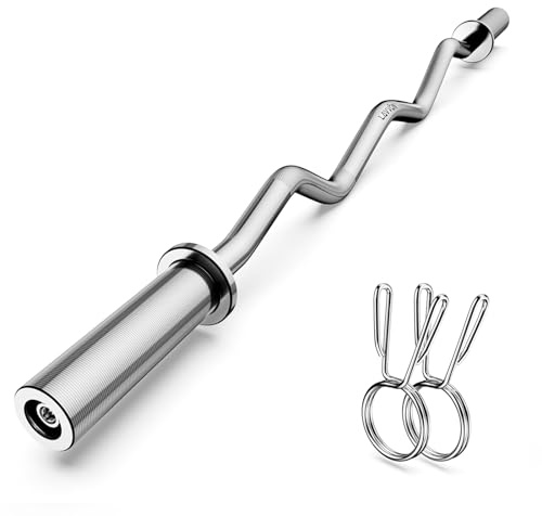 Olympic EZ Curl Langhantelstange, 119,4 cm, 5,1 cm Curlstange für Gewichtheben, Hüftstöße, Kniebeugen, Bizeps, Home-Gym, Hantelstange, Chrom-Curlingstange für 5,1 cm Hantelscheiben, 2 Federverschlüsse