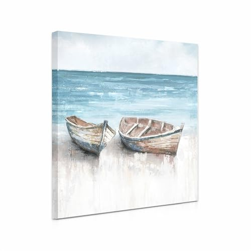 XMYATELi Beach Artwork Coastal Wall Art, Boats on the Beach Canvas Art Prints for Bathroom Decor, Light Blue Ocean Pictures for Wall Seaside Nautical Paintings Small Square 30x30cm