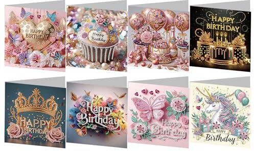 JBTM24 8 Pack 5D DIY Diamond Painting Card Kit, Diamond Art Christmas Birthday Holiday Greeting Card, Art Crafts Kit Creative Gift with Envelope, Birthday