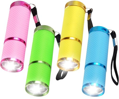MODOAO Lot de 4 mini torches de poche à DEL de couleurs mélangées, super lumineuses alimentées par piles, colorées, phosphorescentes, portables, avec cordons, pour camping, randonnée, urgence,