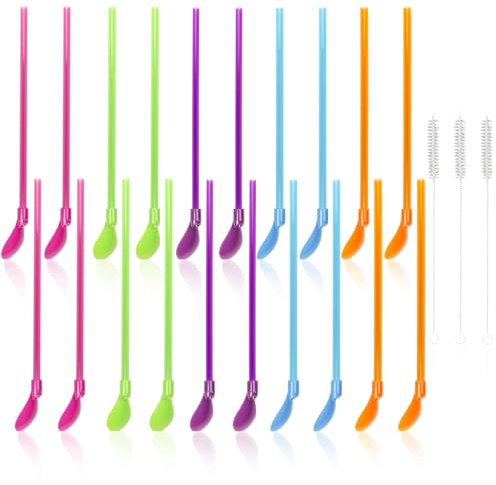 IETWATE 20PCS Slush Straws, Colored Straw Spoon 2 in 1, Reusable Plastic Spoon with 3 Cleaning Brush, Reusable Straws Spoon Suitable for Smoothies Cocktail Coffee Milkshakes