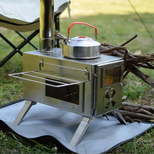Estufa de leña plegable para tienda de campaña con vidrio, estufa portátil pequeña para tienda de campaña, estufa de leña para acampar con chimenea de 1,8 m, supervivencia portátil en invierno