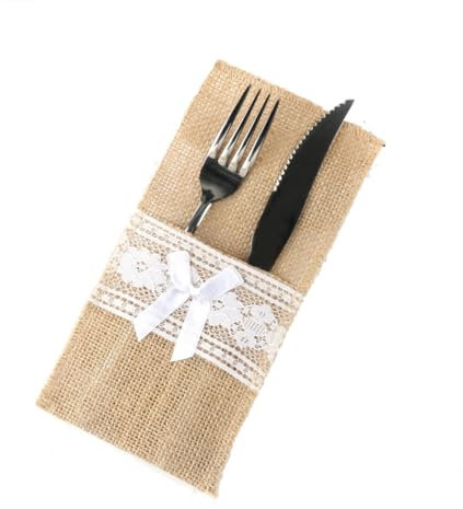Ttiy Jute-Besteckhalter, Jute, Utensilienhalter, Leinen, Messer, Gabeln, Taschen, tragbare Bestecktasche für Geschirr, Esstisch, Zubehör, 10 Stück Schleife