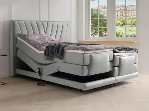 Vente-unique-Boxspringbett mit Bett-Kopfteil + elektrisch verstellbare Lattenroste + Matratzen + Topper - 2 x 80 x 200 cm - Samt - Hellgrau - LUMONI von YSMÉE