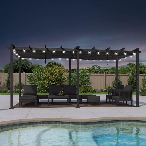 PURPLE LEAF Pergola Aluminium 5,5 x 3 m avec Éclairage Extérieur LED Intégré, Pergola Jardin Exterieur avec Toit Rétractable, Tissu teinté dans la Masse, Tonnelle Structure Résistante, Gris