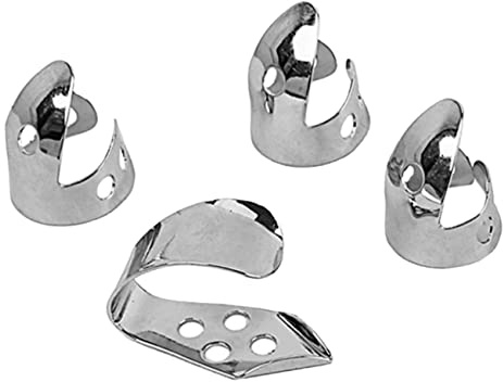 Silberne Gitarrenplektren aus Metall, 4 Stück mit Modell La03e | Daumen und Finger Ausführung mit Loch, für Präzises Spielen, Kompaktes Zubehör