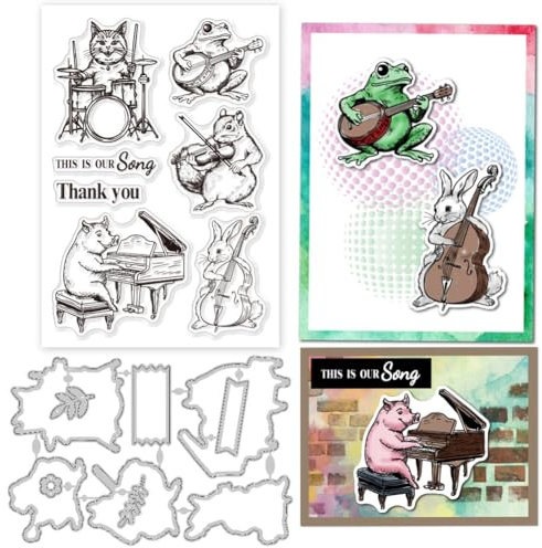 GLOBLELAND Musikalische Tiere Silikonstempel und Stanzformen Set Für Kartenherstellung Katze Frosch Schwein Klare Stempel Und Stanzformen Set Für DIY Craft Scrapbooking Grußkartendekoration