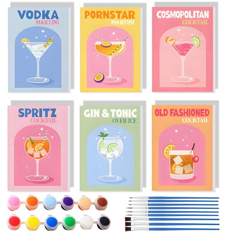 Malen Nach Zahlen Cocktail, Malen nach Zahlen Set, Cocktail-Kollektion, 6 Stück, 15 x 20 cm, Moderne Bar-Mixologie Kunst Serie (Gerahmt, #052-6-teiliges Cocktail-Set （15 * 20cm)）