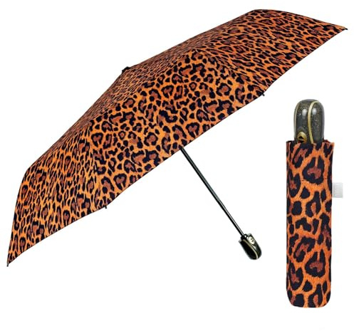 Regenschirm Damen Automatik Auf Zu mit 2 Farben - Frauen Taschenschirm Sturmfest Windischer - Reise Mini Regen Schirm Klein Taschenregenschirm - Durchmesser 98 cm - Perletti (Leopardenorange)