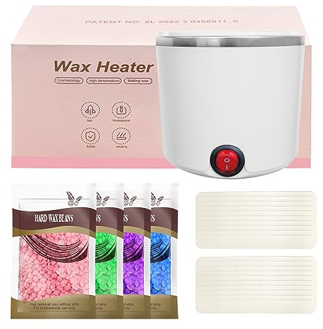 Mini calentador de cera depilatoria, maquina cera caliente depilación con recipiente de silicona de 200ml, Kit completo de 4 bolsas de perla de Cera, 20 Espátulas (blanco, redondo)