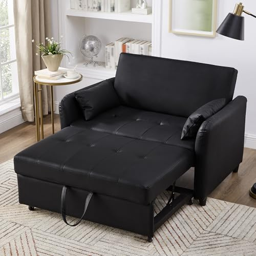 Merax Zweisitzer-Sofabett, Sofabett mit Schlaffunktion, Multifunktionales Doppelschlafsofa, 3-stufig verstellbare Rückenlehne, PU-Leder, Schwarz, 122x83x82 cm