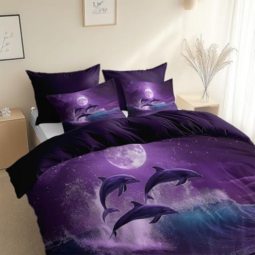 Set Copripiumino Onde del Mare da Sogno Delfino Luna Cielo Notturno, 2 pezzi Double Face con Stampa Viola, 1 x Copripiumino 135 x 200 cm e 1 x Federe 50 x 80 cm, Biancheria da Letto in Morbida